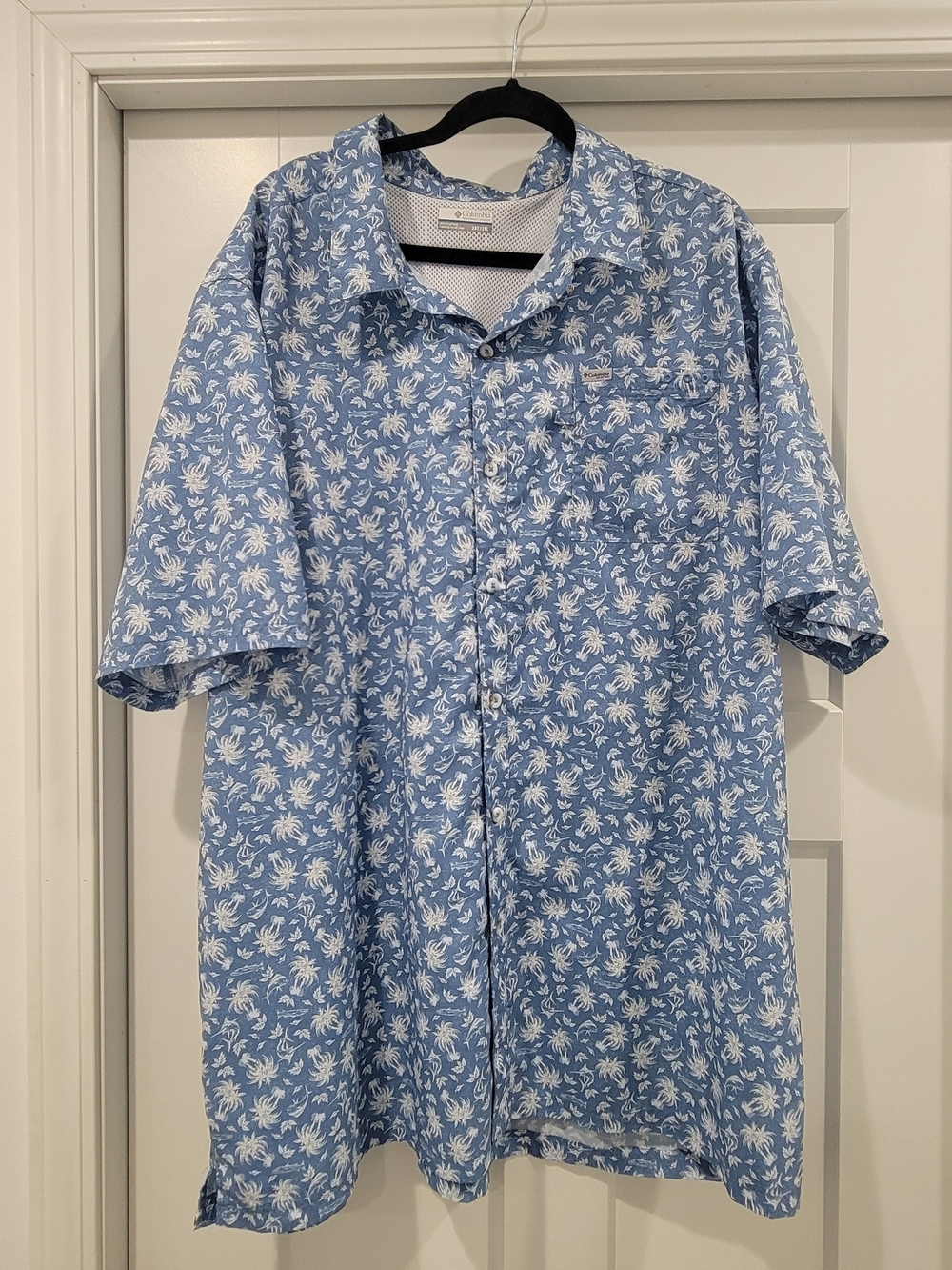 Columbia PFG Shirt Mens 3XT Blue White Marlin Fish Palm Tree Fishing Button Down